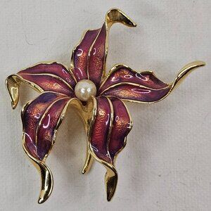 Gold Tone Lily Purple Enamel Brooch Faux Pearl Flower Unmarked Pin